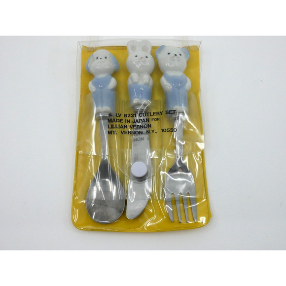 VTG Lillian Vernon Child's Ceramic/Stainless Steel Flatware Set 3 pc animals - Picture 1 of 6